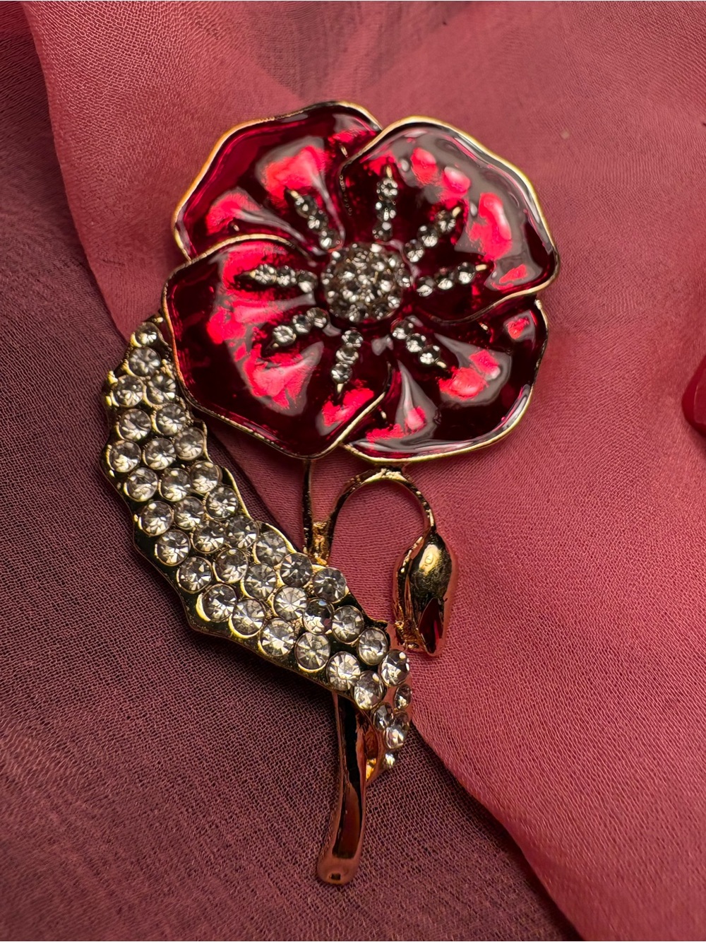 Red Poppy Crystal Brooch - Elegant Floral Pin